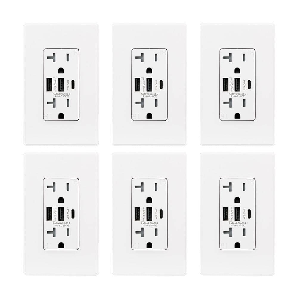 30Watt 20 Amp 3Port Type C and Dual Type A USB Duplex Wall Outlet
