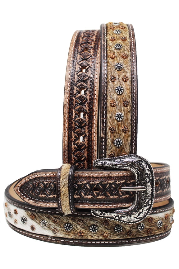 30 Western 1-1/2" Diamond Tooled Studded Cowhide Full-Grain Leather Belt 26RT78
