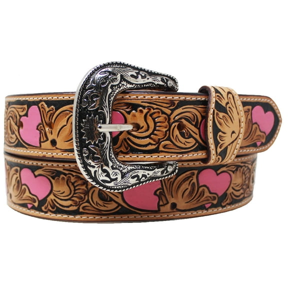 30  Western 1-1/2" Floral Tooled Pink Heart Full-Grain Leather Belt 26FK37PK