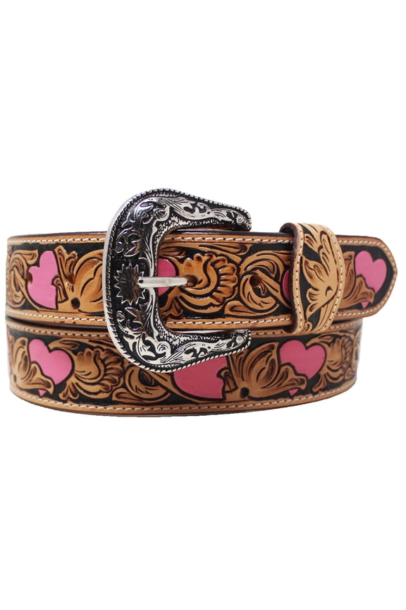 30 Western 1-1/2" Floral Tooled Pink Heart Full-Grain Leather Belt 26FK37PK