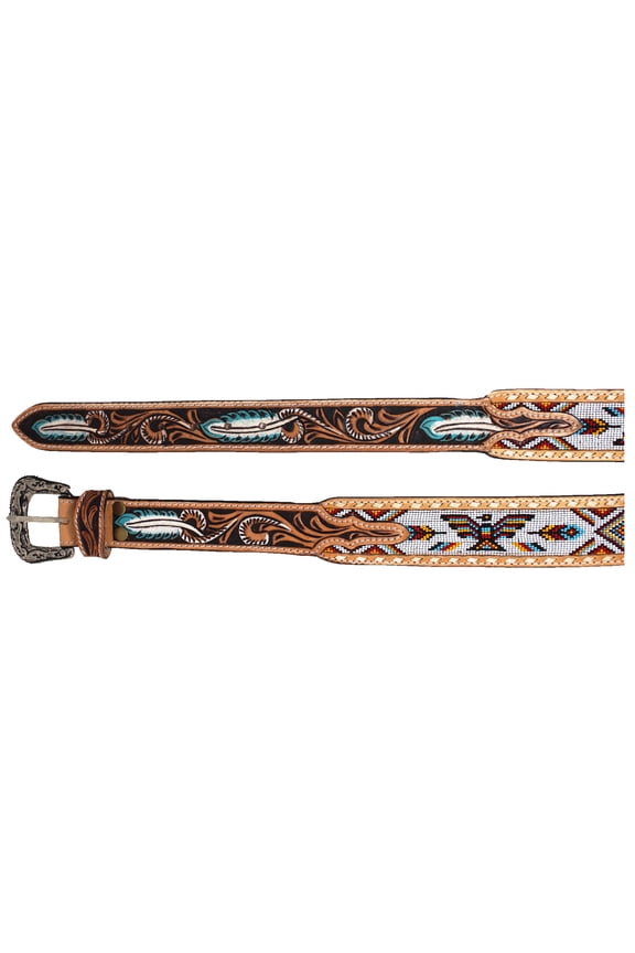 30" Western 2" Tapered Feather Tooled Thunderbird Beaded Leather Belt 26RT63T2