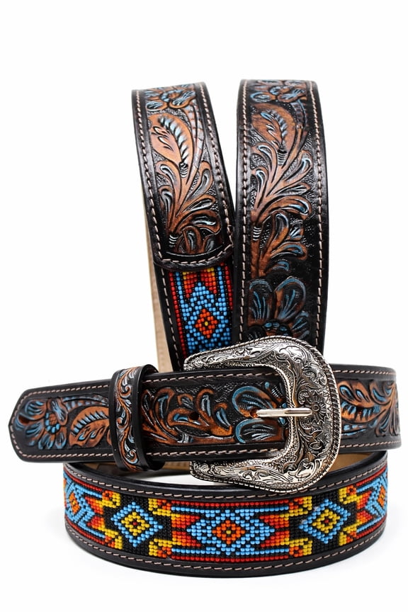 30  Western Antique Floral Tooled Beaded Full-Grain Leather Belt 26FK31TR