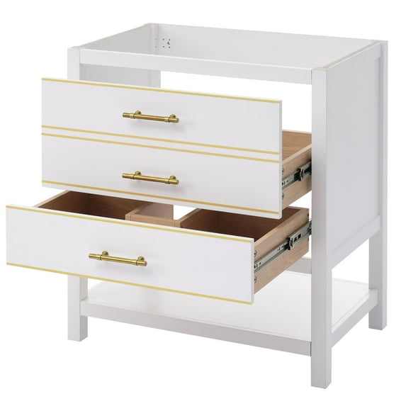 30" White Bathroom Vanity Cabinet (Cabinet Only, Sink Not Included) – With 2 U-Shaped Drawers, Open Storage Space, Gold Handles & Striped Detailing