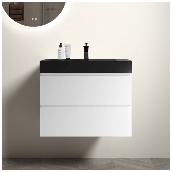 30" White Bathroom Vanity with Sink, Large Storage Wall Mounted Floating Bathroom Vanity for Modern Bathroom, One-Piece Black Sink Basin without Drain and , Pre-assembled