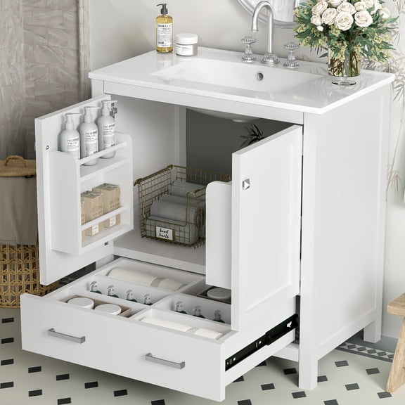 30" White Cabinet with Undermount Sink - Fashionable Handles for Stylish Look - Bathroom Aesthetics - Beautify Your Bathroom