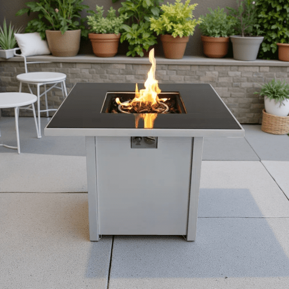 30" White Metal Fire Pit Table - Smoked Glass Top Propane/Gas Compatible w/ Lava Rocks & Push Ignition