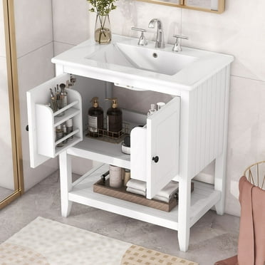 ENSHUI 30-Inch Modern Sleek Bathroom Vanity with Elegant Ceramic Sink, Solid Wood Frame, Open Shelf
