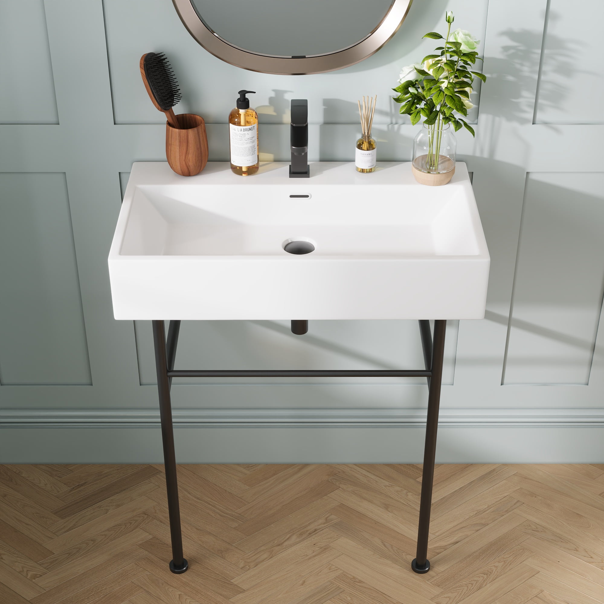 30" White Ceramic Console Sink with Black Stainless Steel Legs