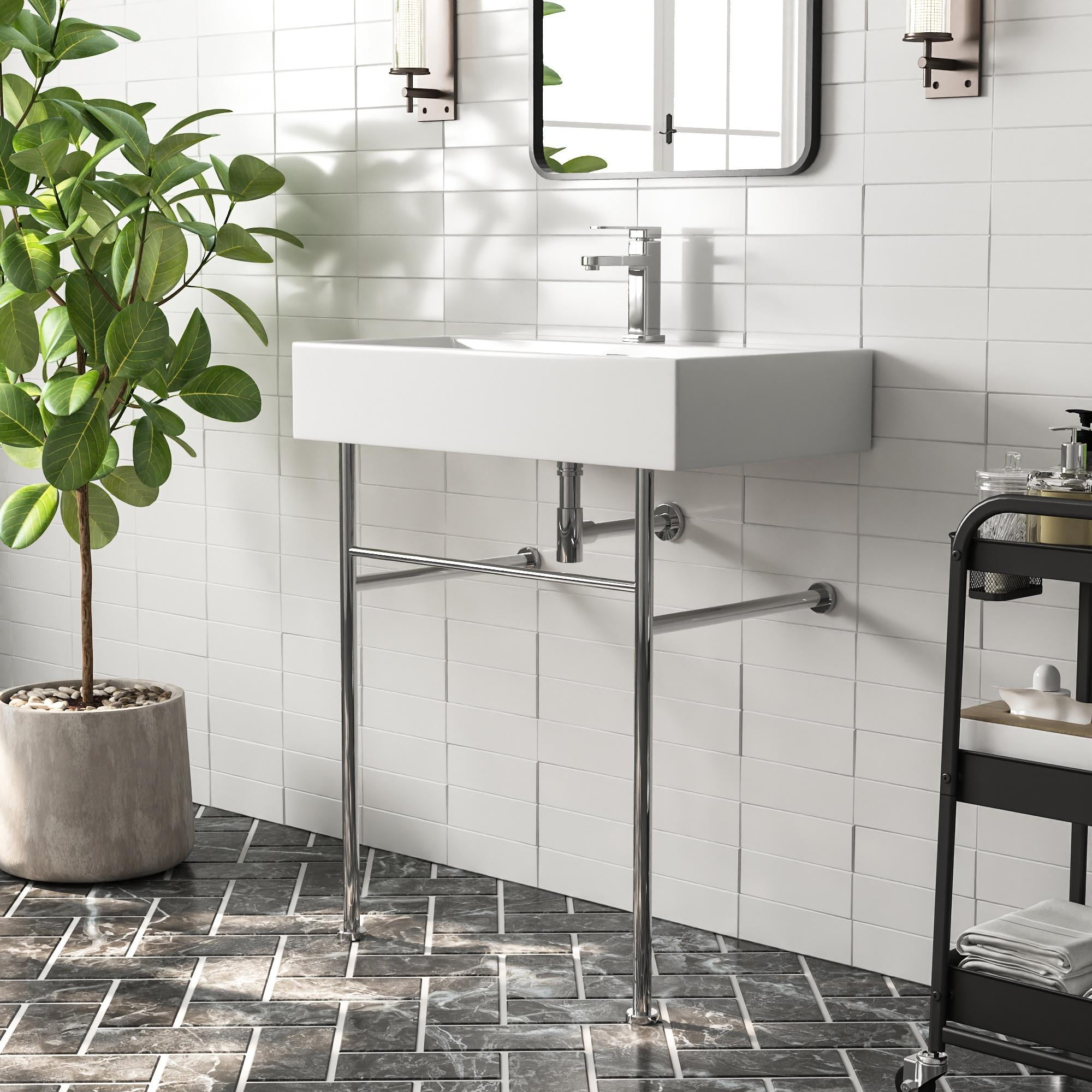 30" White Rectangular Console Bathroom Sink with Overflow