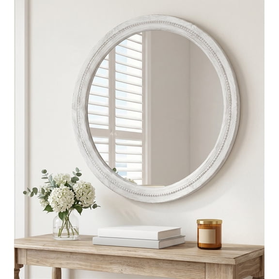 30" White Round Wood Mirror for Bathroom Vanity, Distressed Solid Wood Wall Mirror - French Country Beaded Circle Mirror for Coastal Bedroom & Nursery