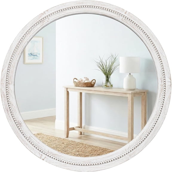 30" White Round Wood Mirror for Bathroom Vanity, Distressed Solid Wood Wall Mirror - French Country Beaded Circle Mirror for Coastal Bedroom & Nursery
