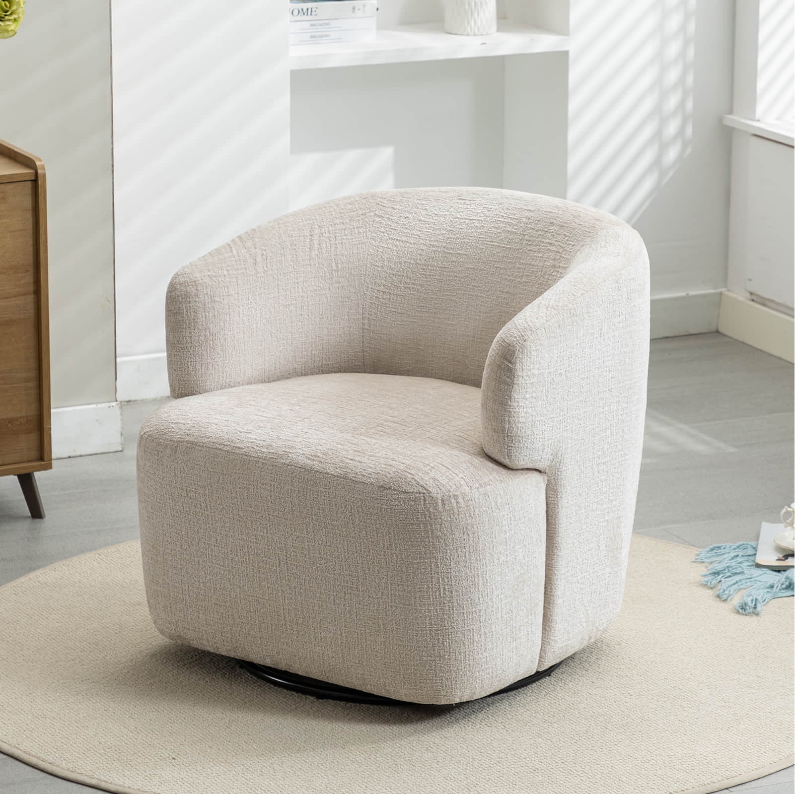 JURANYAZHU 30 inch Swivel Barrel Chair, Upholstered in Soft Chenille Fabric for Living Room, Bedroom, or Office Accent Seating,  Beige
