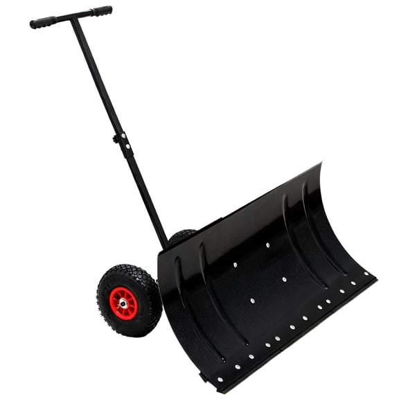 30" Wide x 15" Height Reinforced Metal Snow Pusher with 2 Wheels - Adjustable Angle & Height Ergonomic Single-Rod Handle for Driveway & Sidewalk Snow Clearing