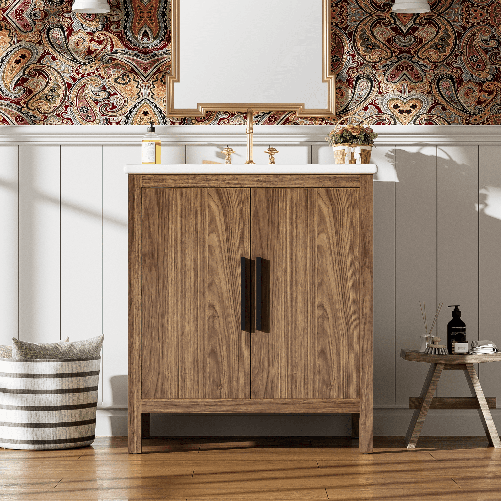 30" Wood Color Bathroom Vanity with Single Sink, Combination Under ...