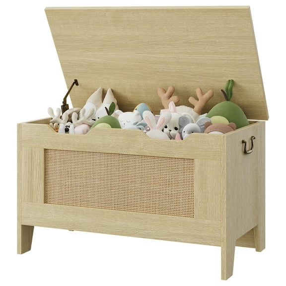 30" Wooden Storage Chest with Safety Hinge, Toy Chest Bench with Lid, Entryway Storage Trunk Seat Supports 350 lbs, Farmhouse Storage Bench for Living Room, Bedroom, Playroom – Light Oak