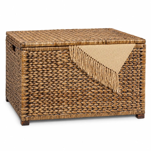 30" Woven Wicker Storage Trunk, Washed Brown Finish, Large Chest for Living Room Bedroom Organization