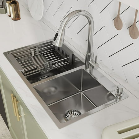 30'X 18' Double Bowl Kitchen Sink Undermount 16 Gauge 304 Stainless Steel Rectangular Spacious Double Bowl Sinks