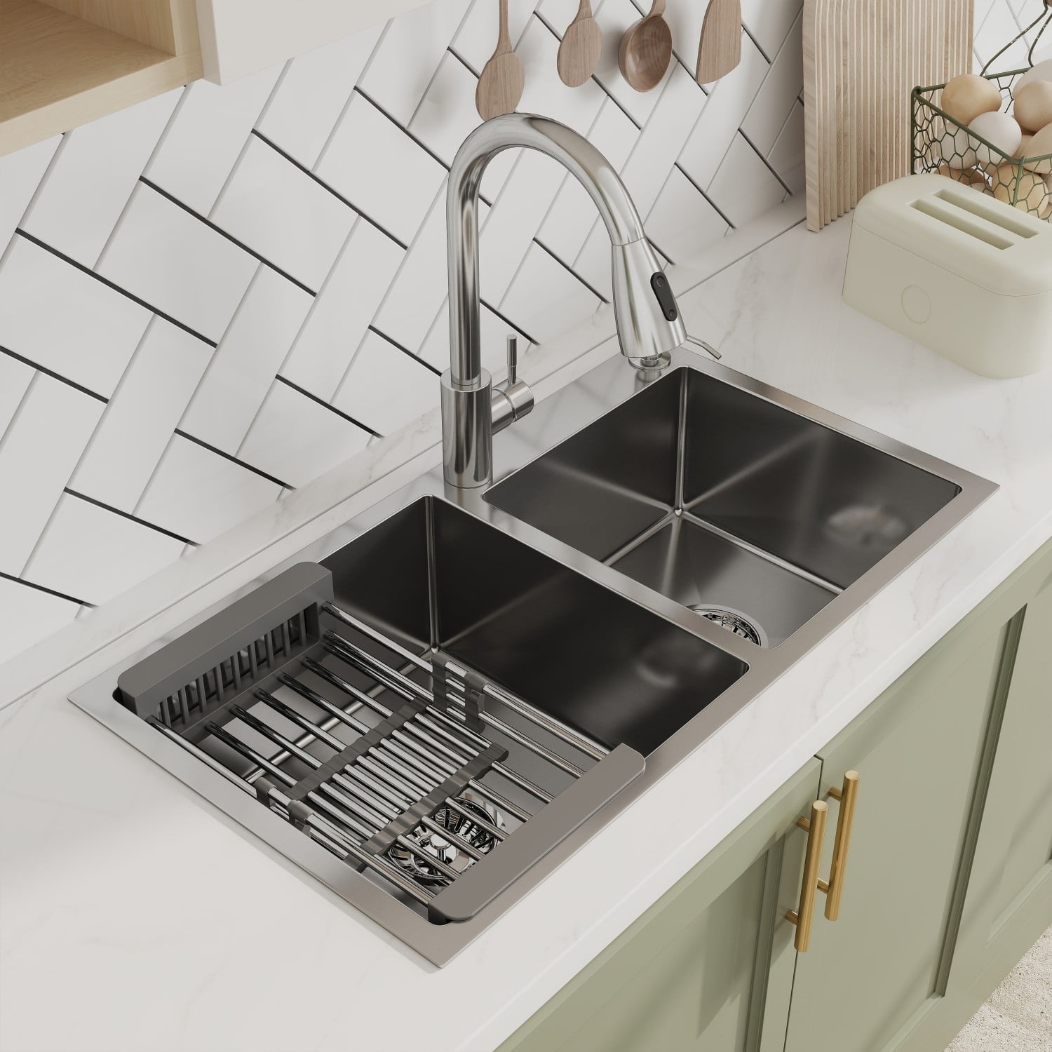 30'X 18' Stainless Steel Double Basin Sink，Net content:18.5LB