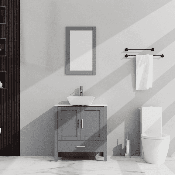 30" X 31.5" Bathroom Vanity and Sink Combo Glass Top Cabinet w/Mirror, Gray
