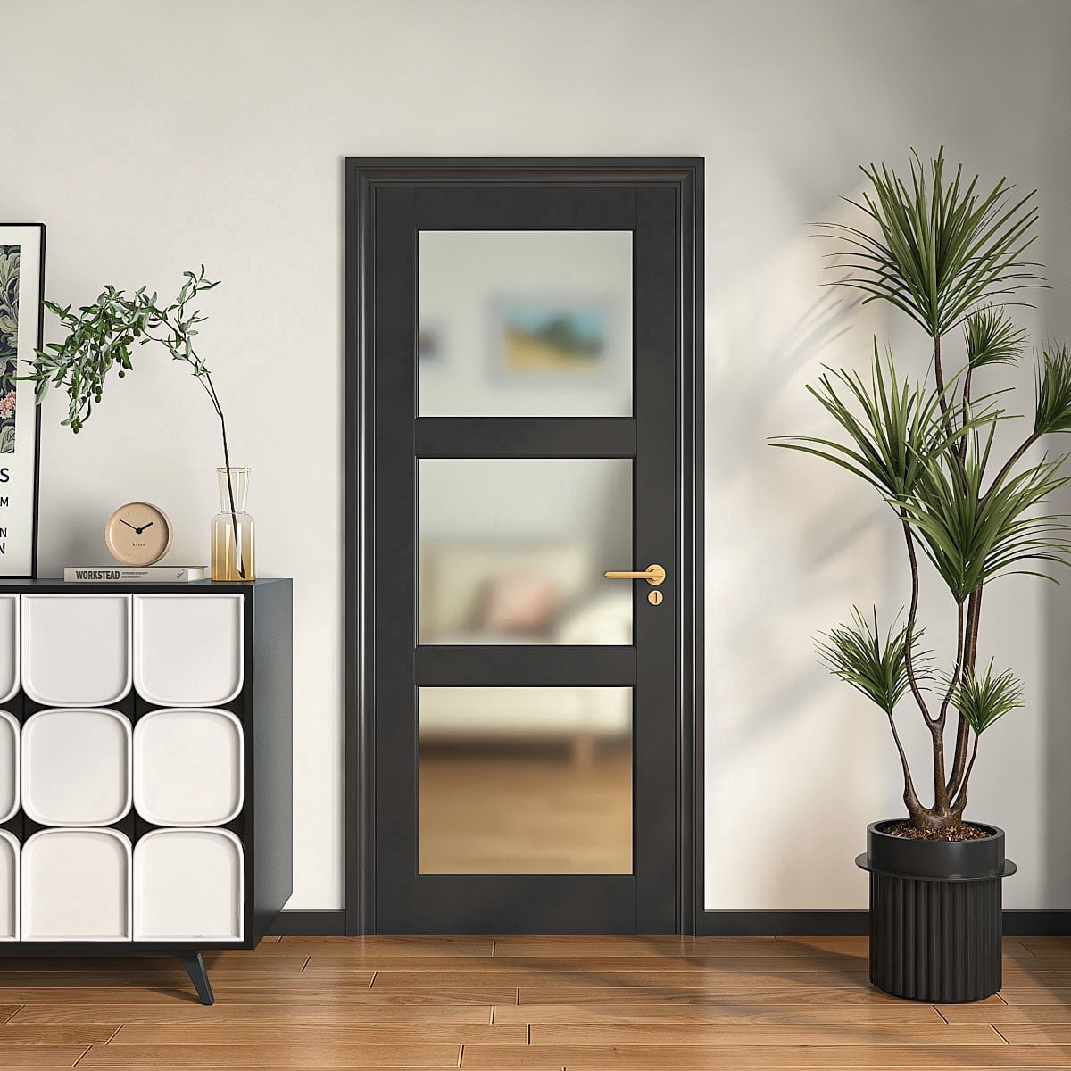 30" X 80"3-Lite Glass Door,Preassembled Frosted Glass French Door,MDF Wood Panel,for Utility Room Pantry Closet Laundry Room, Bathroom,w/o Hardware,Back