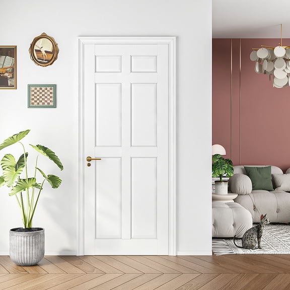 30" X 80" Primed Slab Door 6-Paneled Solid Core Wood Standard Door for Pantry Doors, French Doors, Pocket Doors Without Hardware Kit