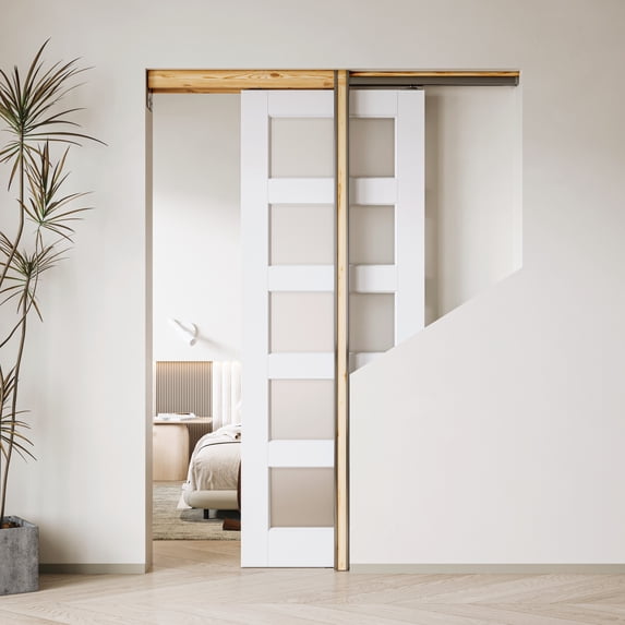 30" X 96" Frosted Glass 5-Lite Sliding Pocket Door White Standard Door with Hardware Kit Set