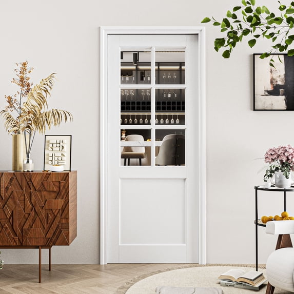 30" X 96" White Primed 6-Panel Clear Glass Solid Core Pantry Slab Door Morden French Door