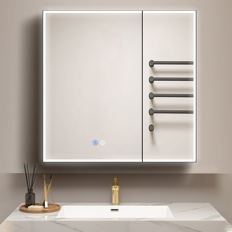 Medicine cabinet outlet with magnifying mirror