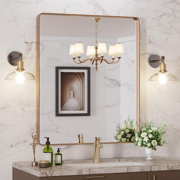 30”X36” Gold Bathroom Mirror, Rounded Rectangle Gold Frame Mirror, Brushed Gold Bathroom Vanity Mirror Wall-Mounted, Anti-Rust, Tempered Glass, Hangs Horizontally or Vertically
