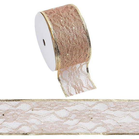 30 Yards(27.43m) Mesh Glitter Ribbon Polyester Glitter Lace Trim Sparkling Wired Ribbon Pink Wired Edge Ribbons for Gift Wrapping Wreath Wedding Party Crafts Brown