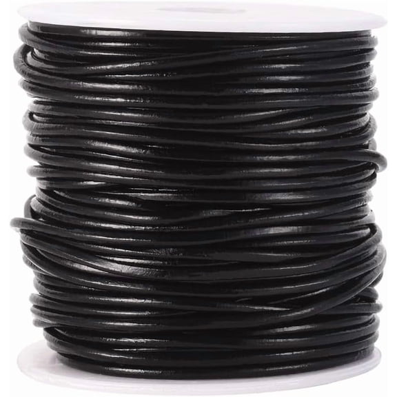 30 Yards Cowhide Genuine Leather Cord for Jewelry Making 2MM Black Round Real Leather String Lace Cording Rope Braiding Strip Thread Spool for Crafting Necklace Bracelets Wraps Beading