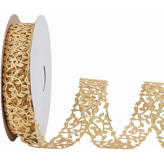 30 Yards Golden Leaf Vines Ribbon 1-1/8 Inch Sparkling Metallic Leaves Ribbon Trim Gold Hollowed Embroidery Trimming