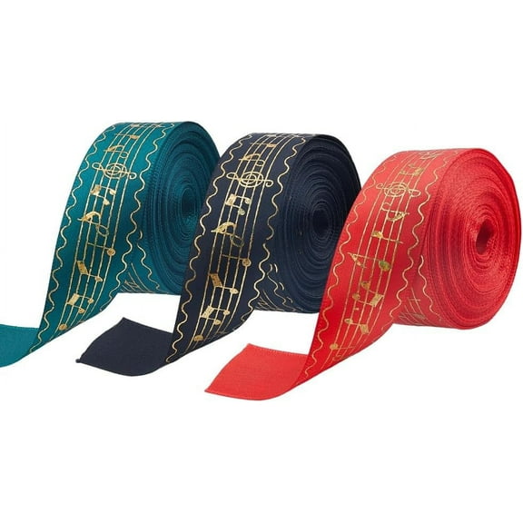 30 Yards Music Note Ribbons 3 Colors Polyester Grosgrain Ribbon 1 Inch(25mm) Notation Craft Ribbons with Gold Stamping Single Face Christmas Ribbon for Gift Wrapping Birthday Party Wreaths for making