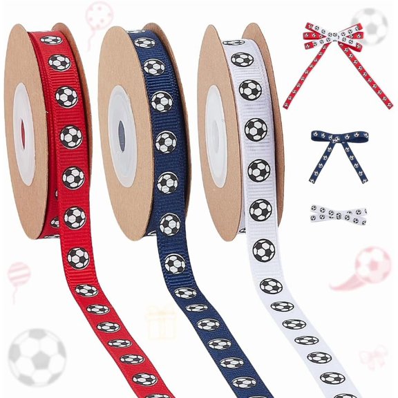 30 Yards Soccer Ribbons 3/8 inch Grosgrain Ribbons Sport Themed Ribbons for Gift Wrapping Team Ribbons Hair Bows Crafts Party Decoration(White Red Blue) 3 Rolls