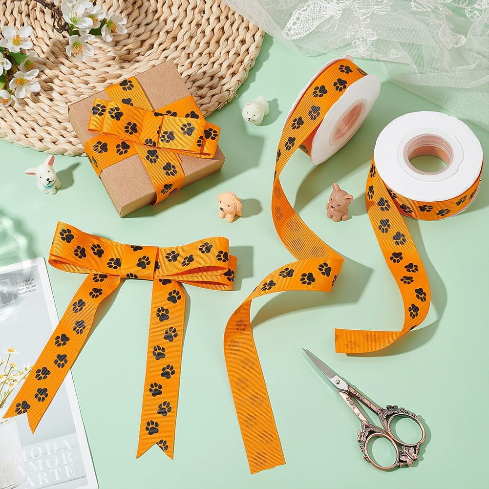 30 Yards x 1 Inch Paw Prints Ribbon Grosgrain Ribbon Orange Wrapping ...