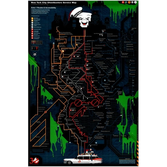 30 Year Anniversary Ghostbusters Map Movie Poster, Print, Wall Art (12x18Inches)