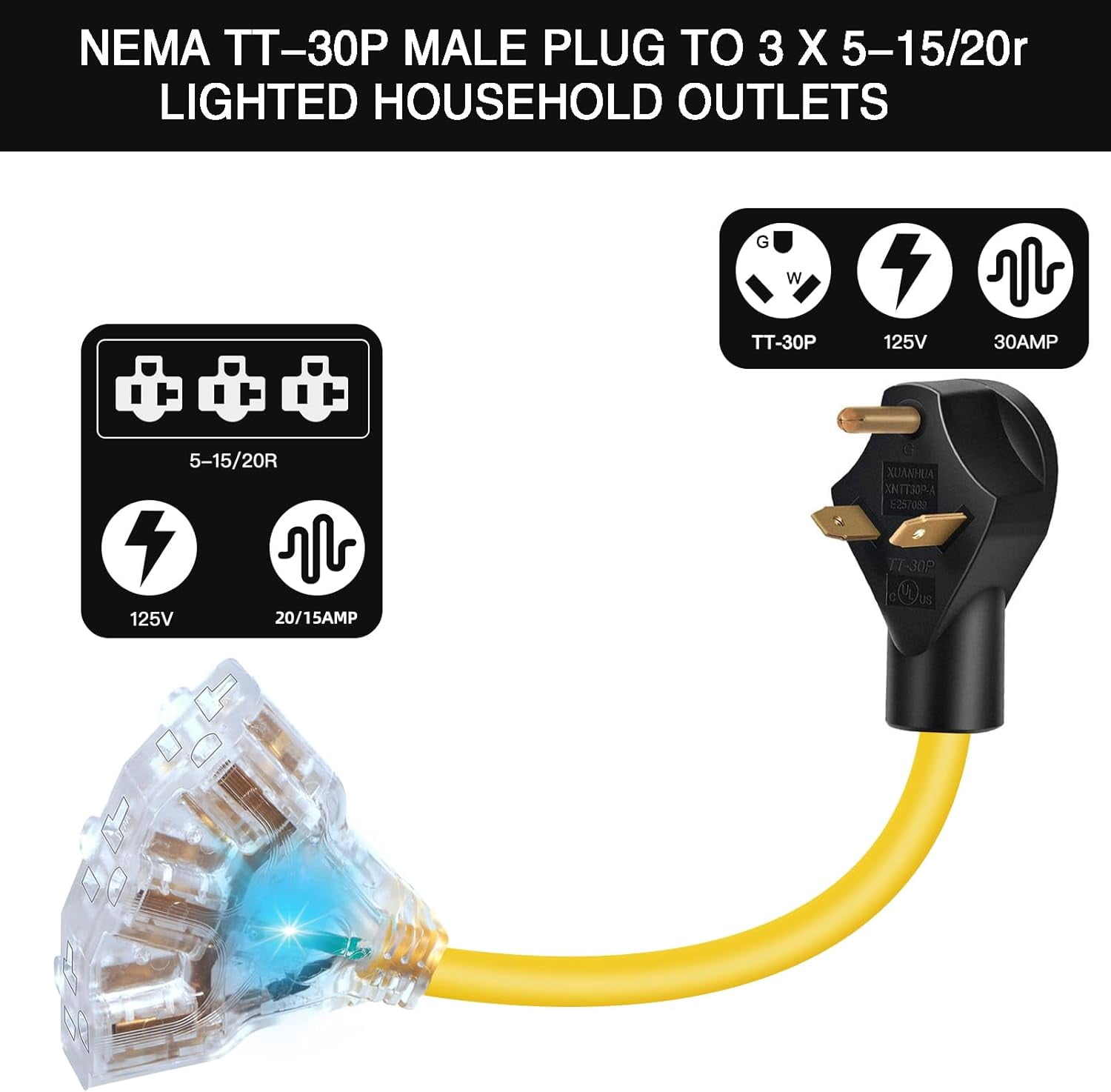 30 amp to 110V 20 amp RV power distribution adapter, NEMA TT-30P male to 3X 5-20R/15R female, 30A to 15A RV adapter extension cord, 3-plug to illuminated 3-way outlet splitter, for RV generator
