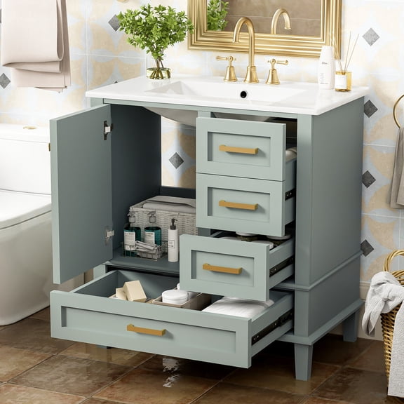 30" bathroom vanity with sink, Bathroom Vanities 30 Inch with Top, Single Sink Bathroom Vanity with 3 Drawers and 1 Soft Closing Door, 30 Restroom Vanity with Cuntertop Sink (Light Green)