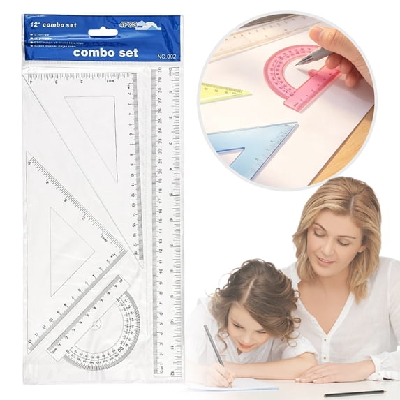 30 cm 4 Piece Plastic Ruler Set, Triangle Geometry with Protractor and Engineering Scale, Metric and Inch, Office Home Tool (White)