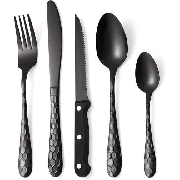 30 count Black Hammered Silverware Set Service for 6,with Steak Stainless Steel Flatware Set,Mirror Cutlery Utensil,Durable Kitchen Tableware, Teardrop Fork Spoon,Dishwasher Safe