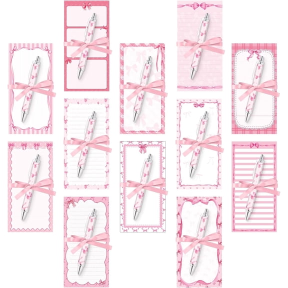 30 count Bow Sticky Notes with Pens, Cute Memo Pads with Ribbons, 3.9x7.8 Inch Notepad Set, Bulk Stationery Gifts for Women Coworker Office Supplies Bridal Shower Favors
