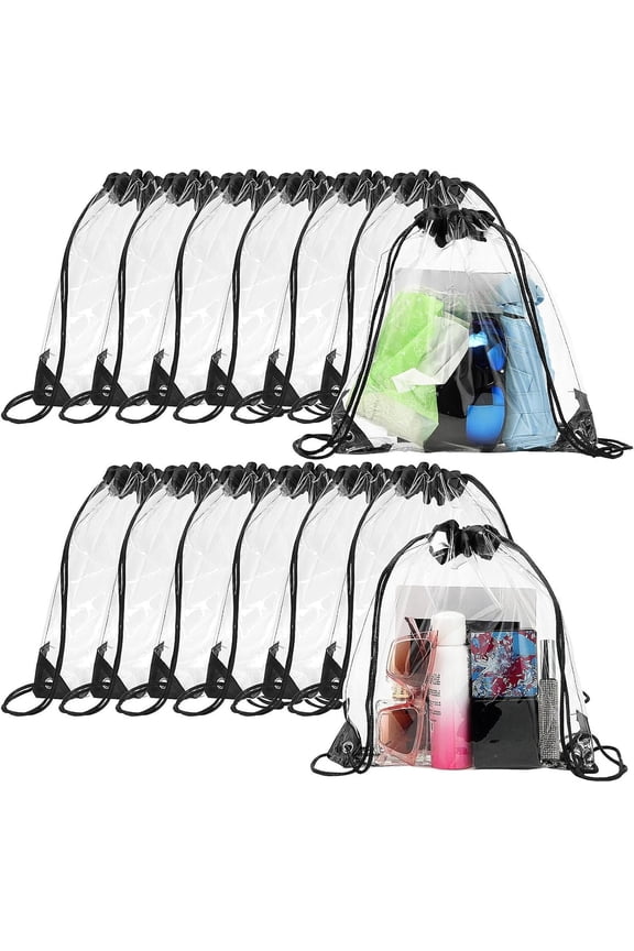 30 count Clear Drawstring Backpack, Plastic Transparent Stadium Bags String Bag for Gym Travel (Black)