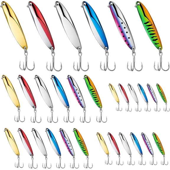 30 count Fishing Spoons Lures 5 Size Metal Spoon Fishing Lures Casting Trout Spoons with Treble Hooks Luminous Casting Spoon Durable Treble Hooks for Bass
