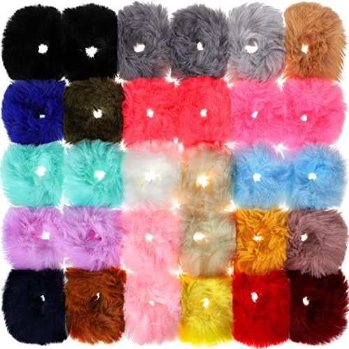 30 count Fuzzy Scrunchies Bulk Pompom Ball Elastic Hair Ties Fluffy Ponytail Holders Band for Women Hair Accessories, 21 Colors