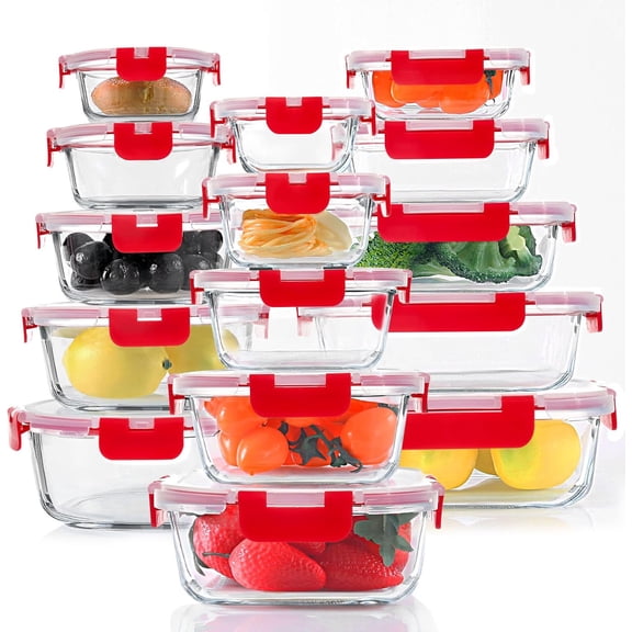 30 count Glass Storage Containers Set, Meal Prep Containers Set with Snap Locking , Airtight Glass Lunch Containers, Microwave, Oven, Freezer & Dishwasher, Red