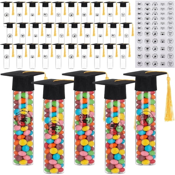 30 count Graduation Candy Tubes Party Favors Candy Boxes Plastic Grad Cap Jars Container with Tassels and Stickers for Graduation DIY Grad Table Party Favors