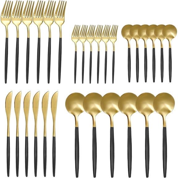 30 count Matte Black Silverware Set, Flatware Set for 6, Forks Spoons Set, -Grade Stainless Steel Cutlery Set, Round Spoon Set