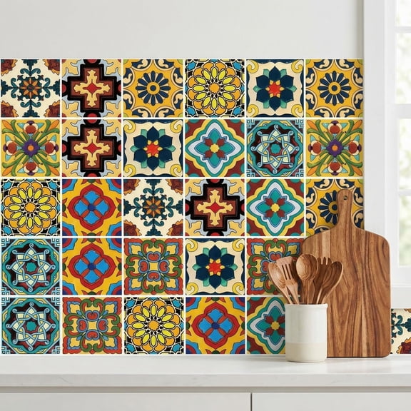 30 count Mexican Talavera Peel and Stick Tile Stickers 4x4 Inch - Self-Adhesive  Vinyl Backsplash  for Kitchen Bathroom Stair Riser, Removable Boho Spanish DIY Wall Decor