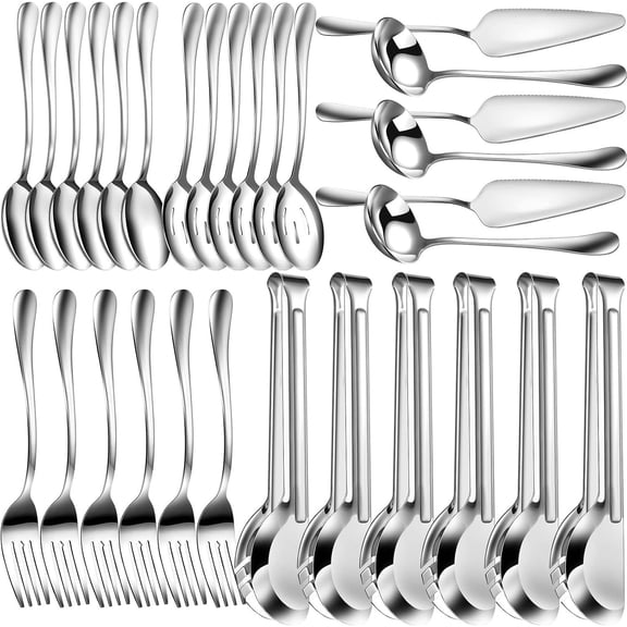 30 count Serving Utensils Set Stainless Steel Flatware Serving Set Include Large Spoons Slotted Spoons Forks Soup Ladle Pie Server and Tongs for Buffet Catering Party Restaurant()