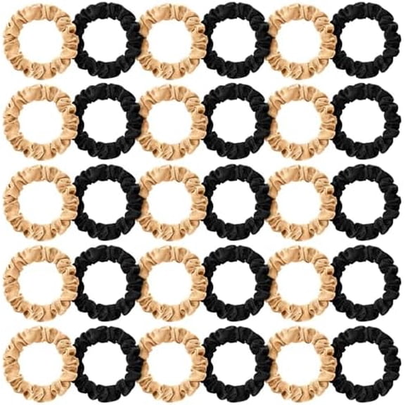 30 count Small Satin Silk Scrunchies for Women, Thin Hair Ties Mini Scrunchy Bands Skinny Ponytail Holders for Thick Curly Hair Pony Tails Wrist Decor(Black, )